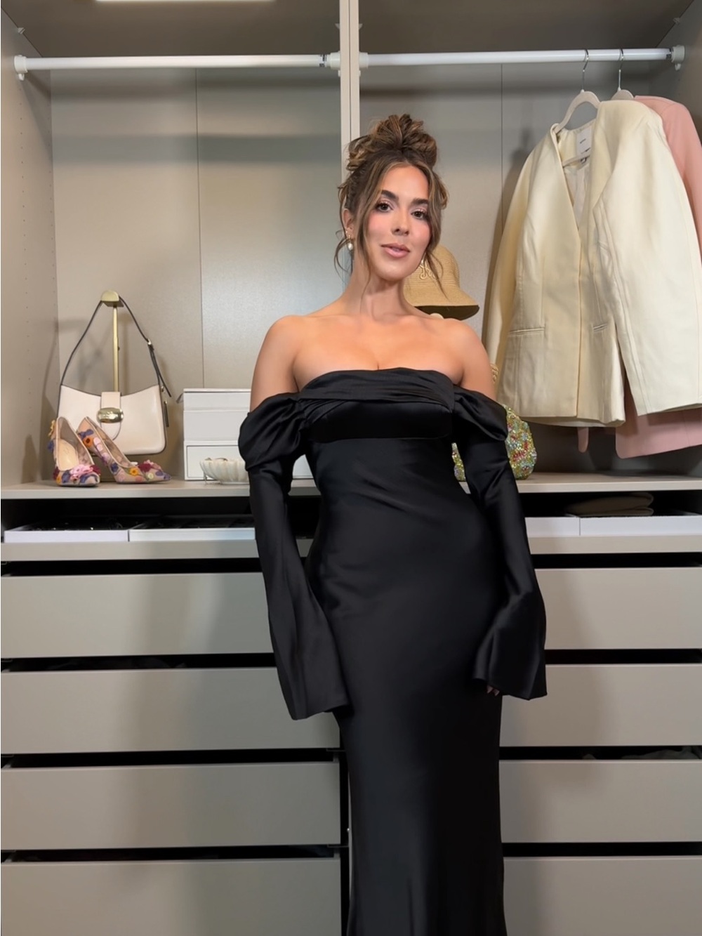Off-Shoulder Black Satin Long Sleeve Evening Gown